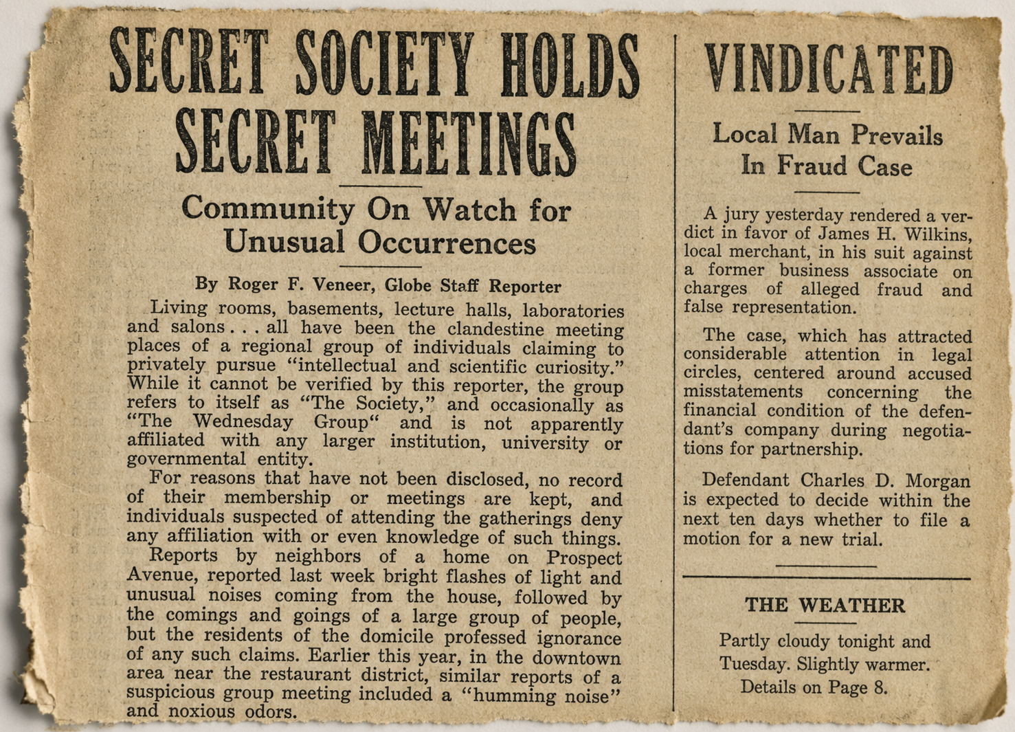 Period newspaper clipping concerning a rumored secret society